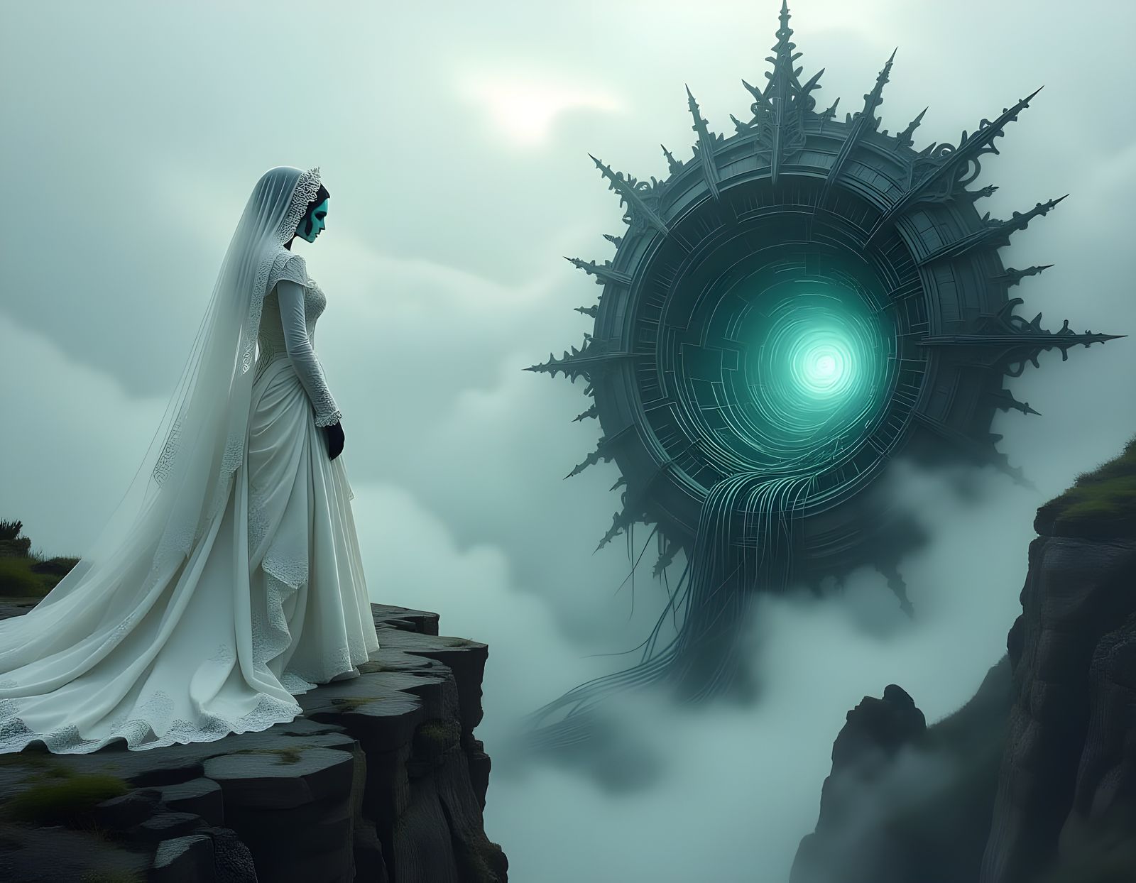 Ghost Bride Overlooking Vortex in Gothic Surrealism