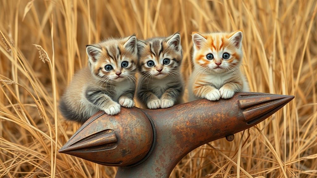 Kittens Play on Rusty Sculpture in Wheat Field