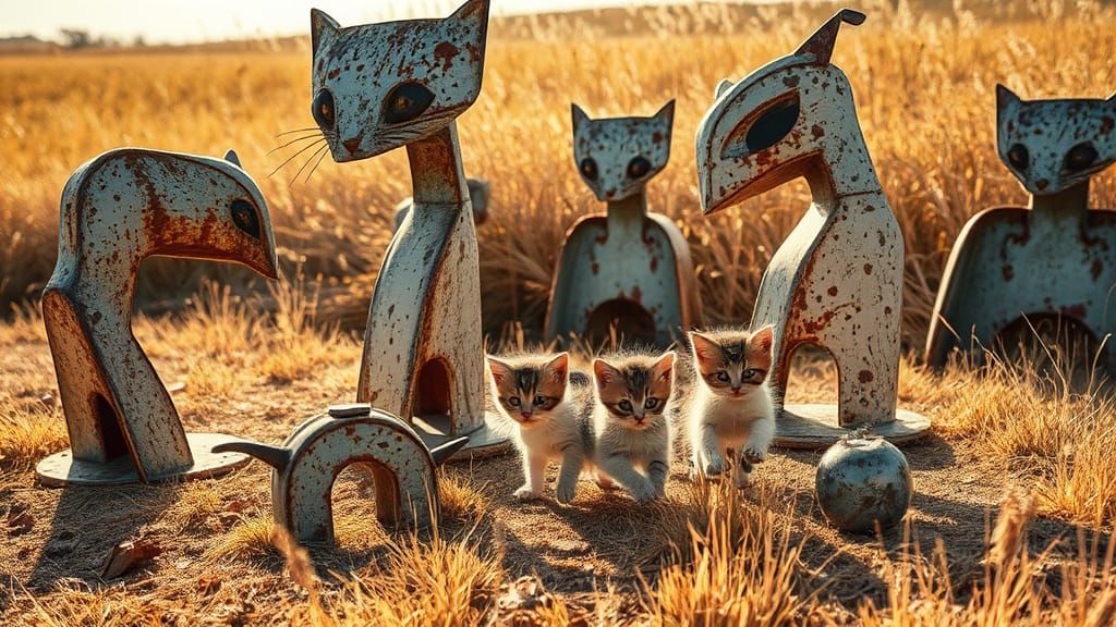 Kittens Playing on Metal Sculptures in Ink Splatter Art