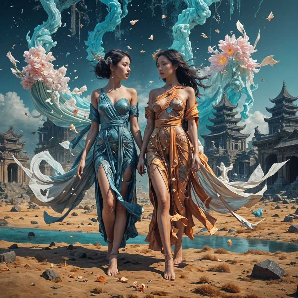 Celestial Asian Goddess in Glitchcore Style