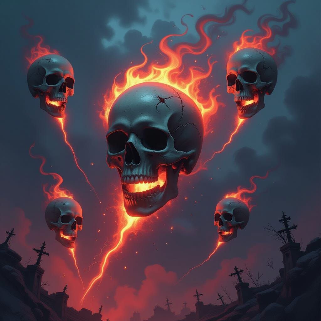 Flying Burning Skulls with Magical Auras in Dark Fantasy Sty...