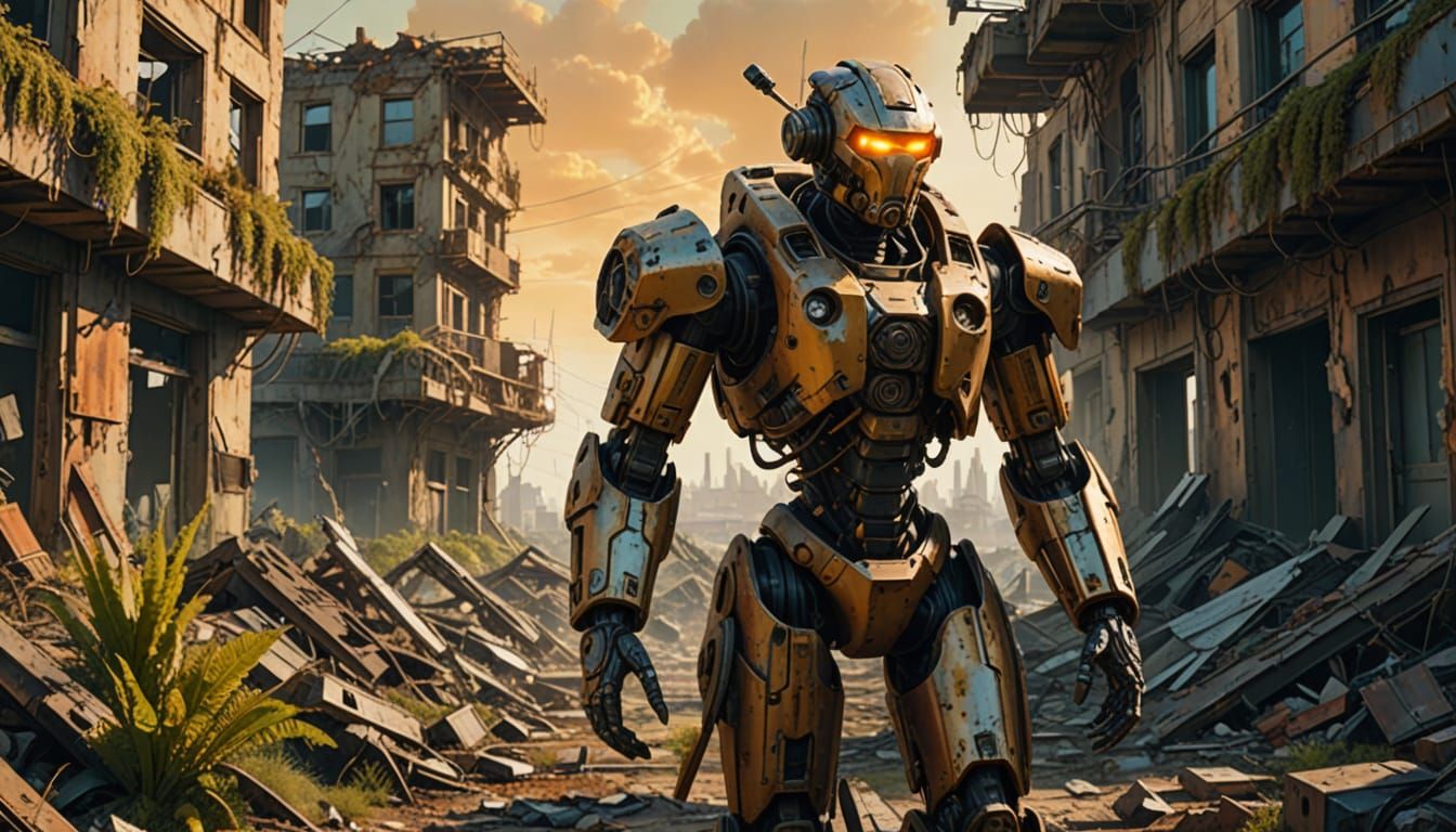 Android in Ruined City: Golden Hour Sci-Fi Art