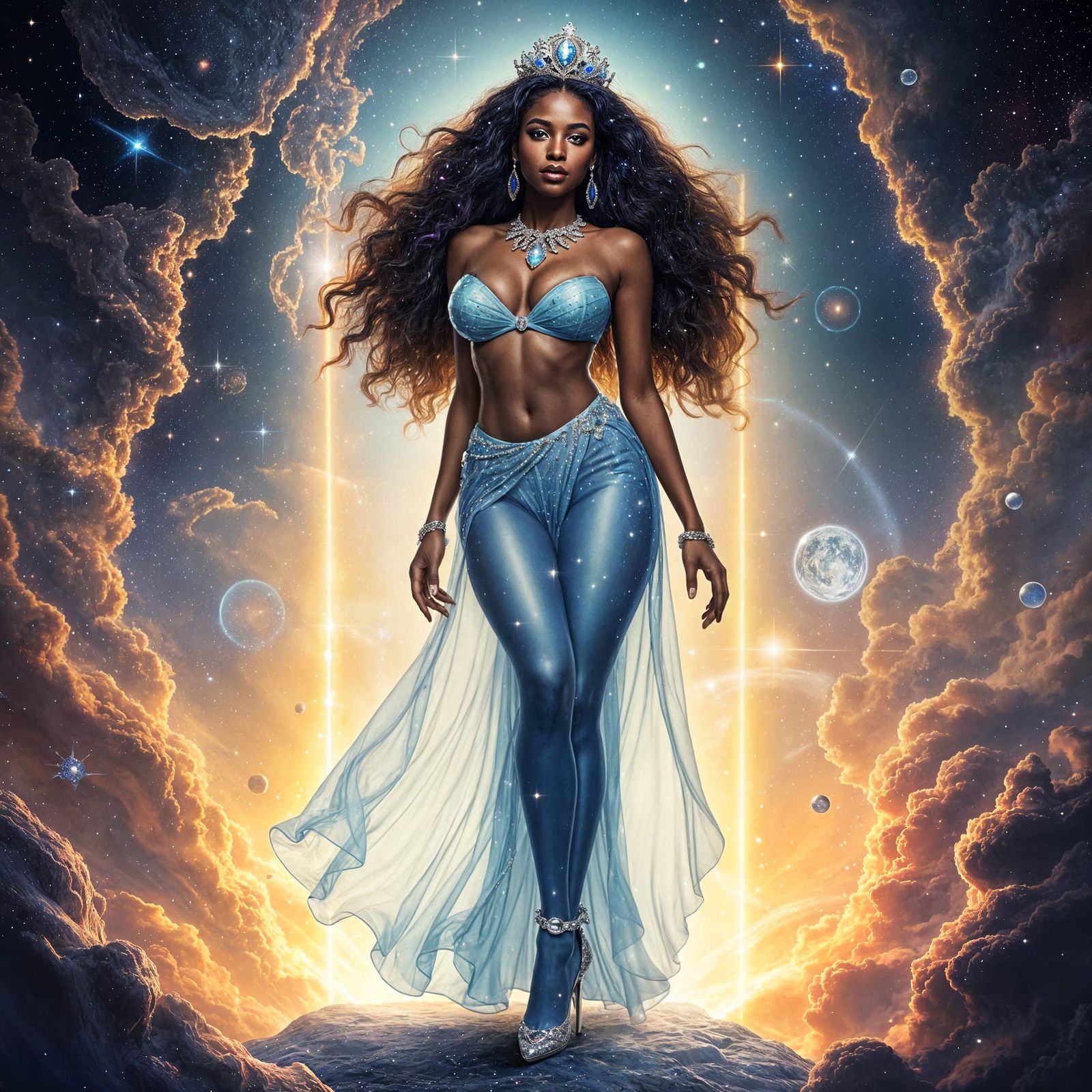 Goddess Emerges from Nebula Portal in Cosmic Horror Style