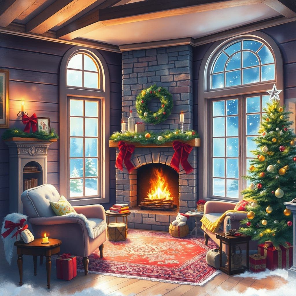 Cozy Christmas Room with Fireplace: Watercolor Style