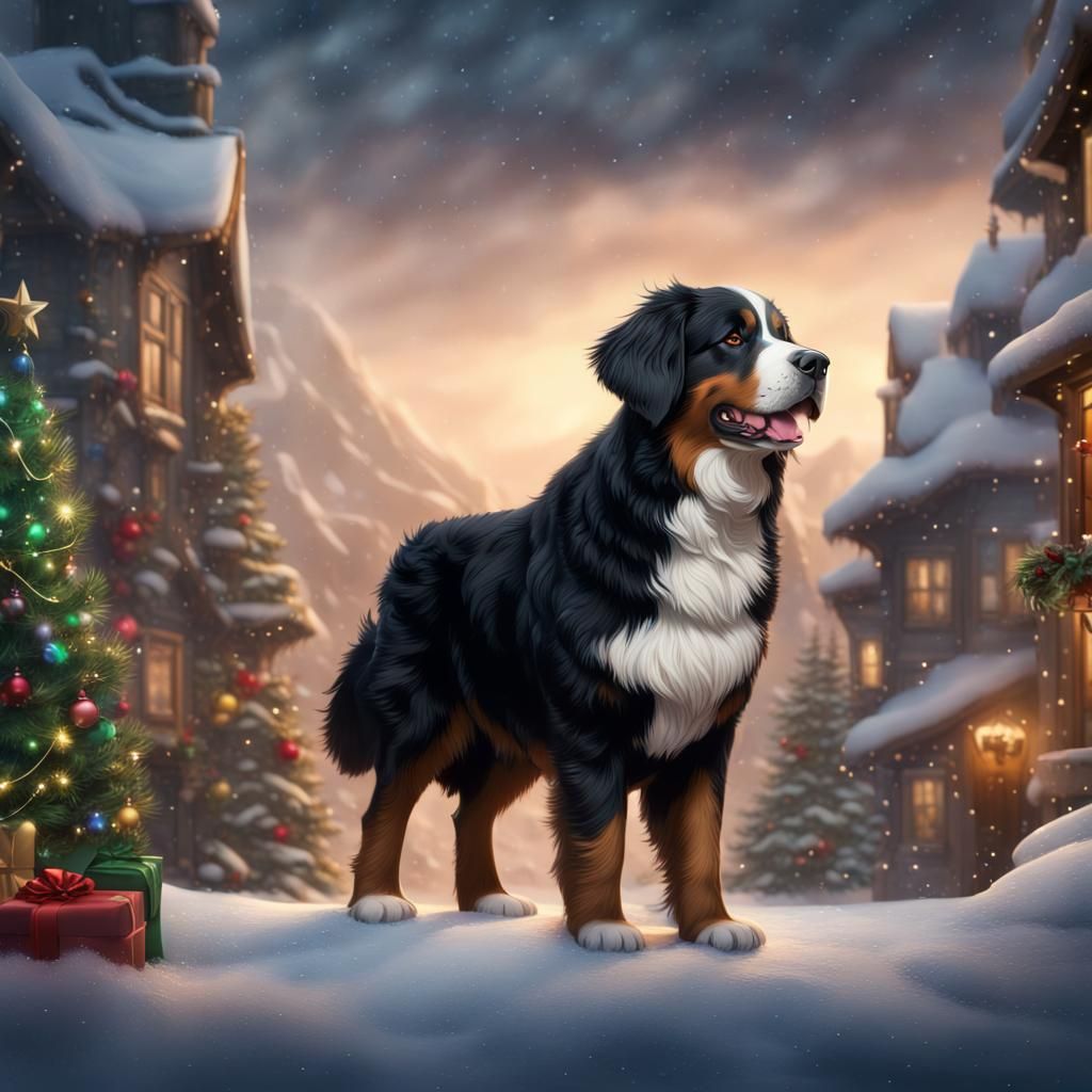 Bernese Mountain Dog Christmas: Detailed Fantasy Art