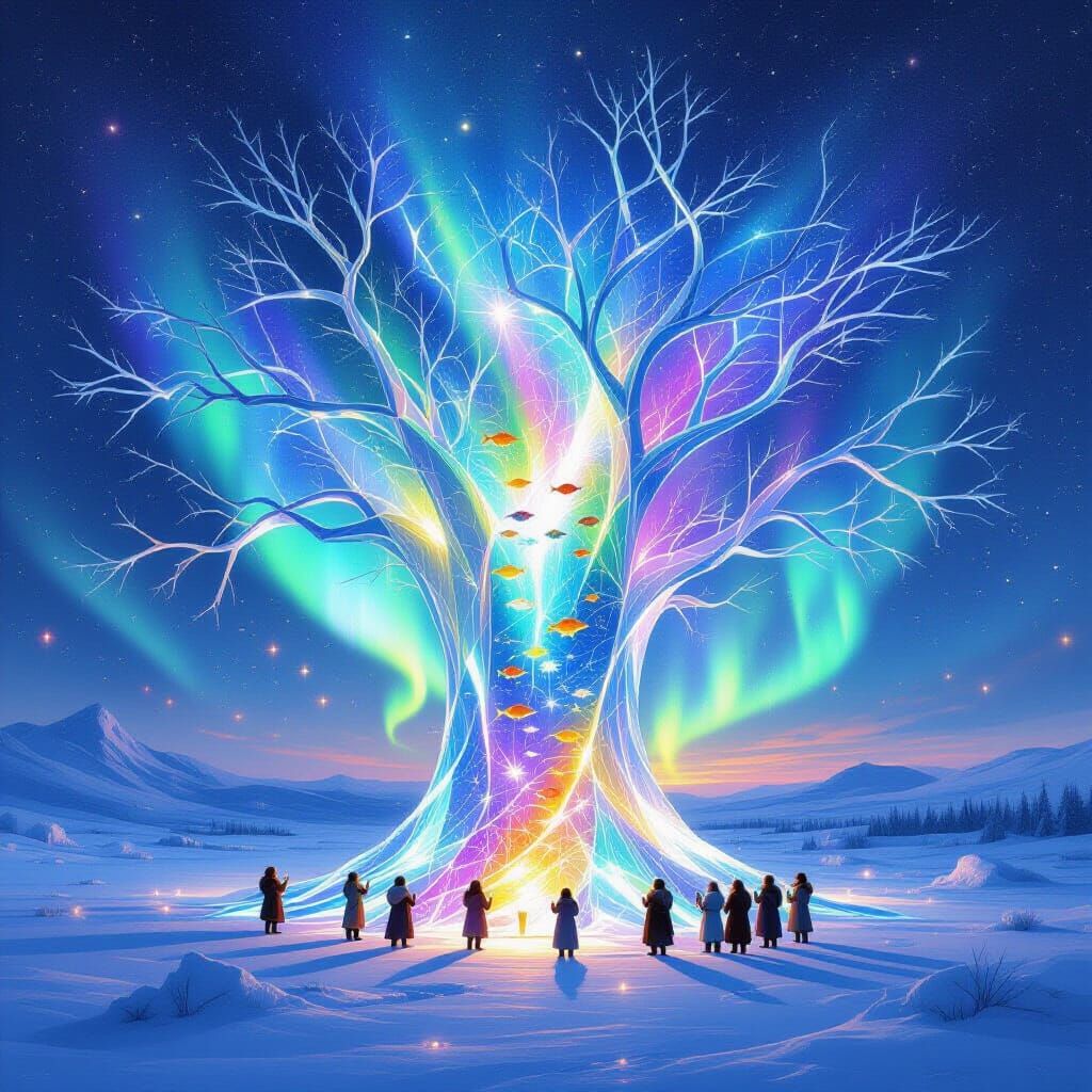 Glass Tree in Snowy Tundra with Aurora Borealis