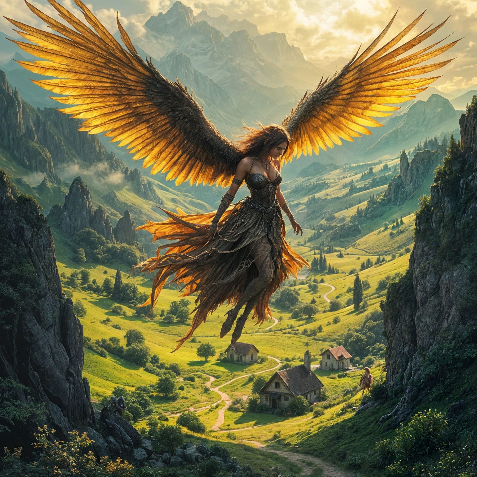 Harpy Flying Over Hamlet in Golden Evening Light