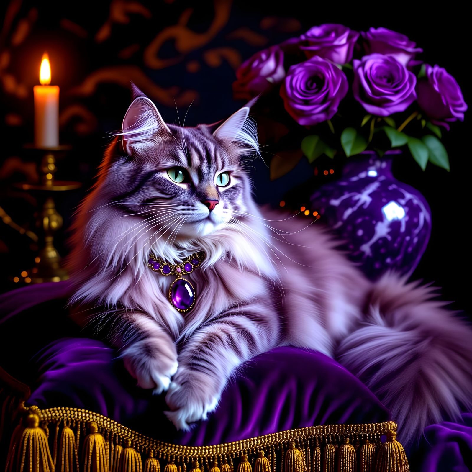 Elegant Lavender Tabby Cat on Velvet Pillow