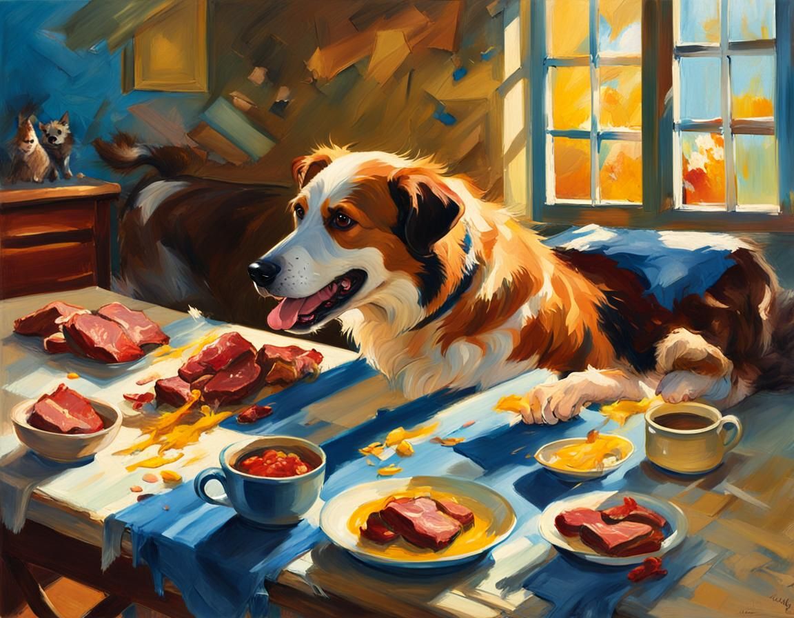 Dog Stealing Meat: Impressionistic Scene with Vivid Colors