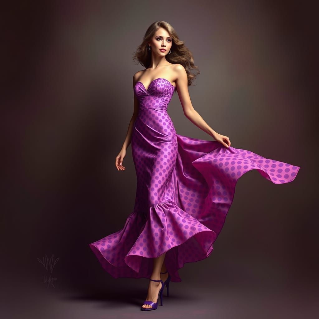 A heuristic elegant lady in a pink and purple spotted style ...