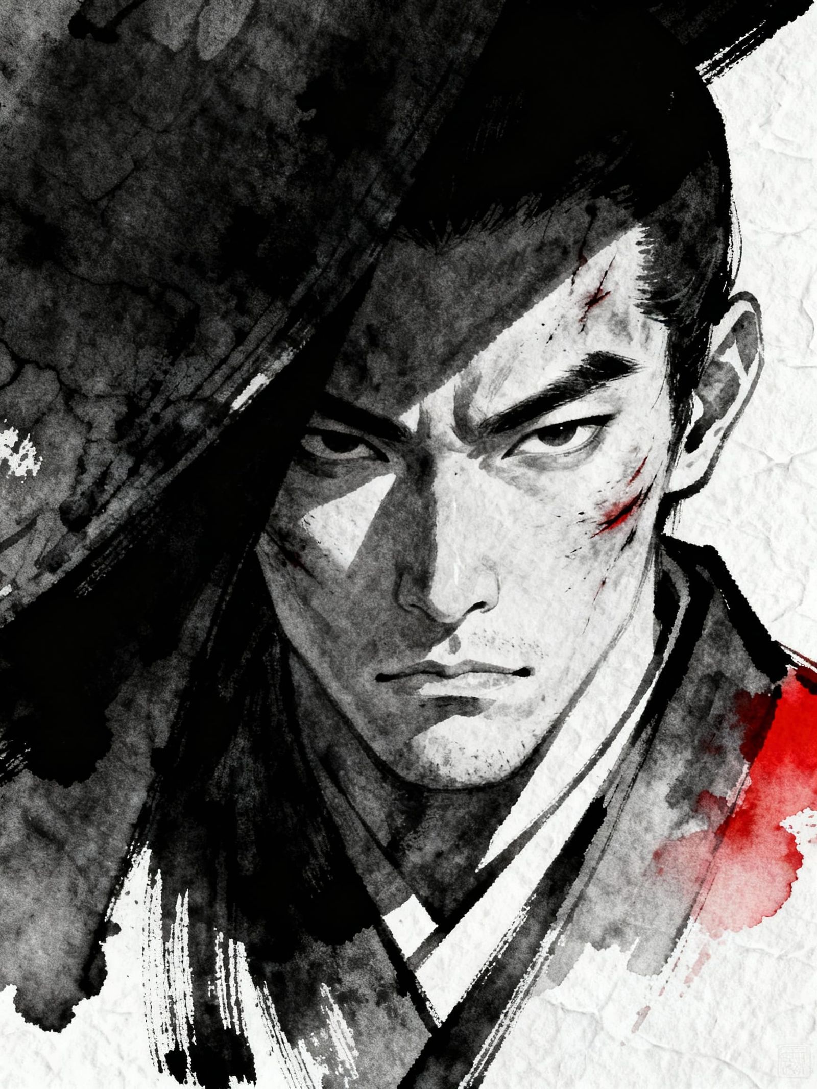 Monochromatic Samurai in Shadows with Red Accents