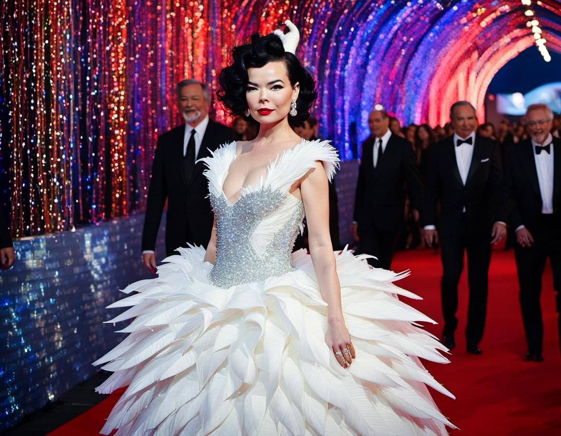 Bjork wearing swan dress on the red carpet