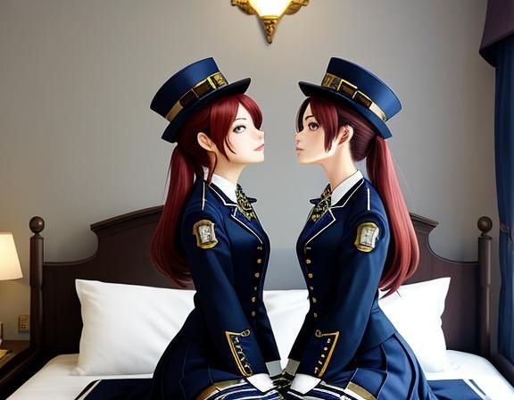 Steampunk Anime Twins Kissing in Bedroom