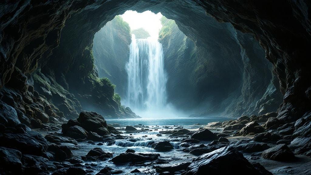 Ethereal Waterfall Cave Inspired by Film Noir