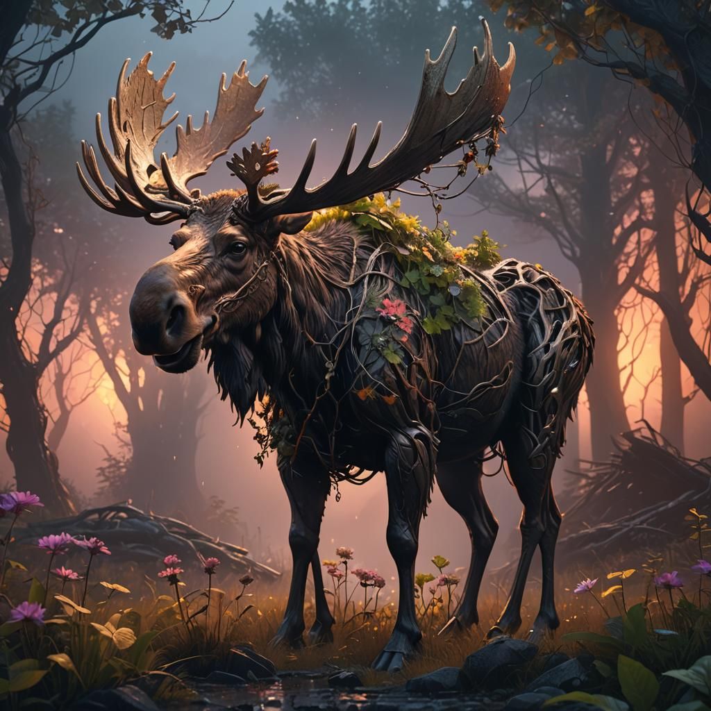 Moose Crowned with Flowers: Sci-Fi Concept Art