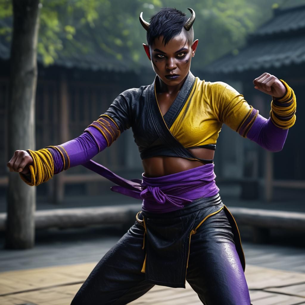Tiefling Monk Practicing Kata in Outdoor Dojo