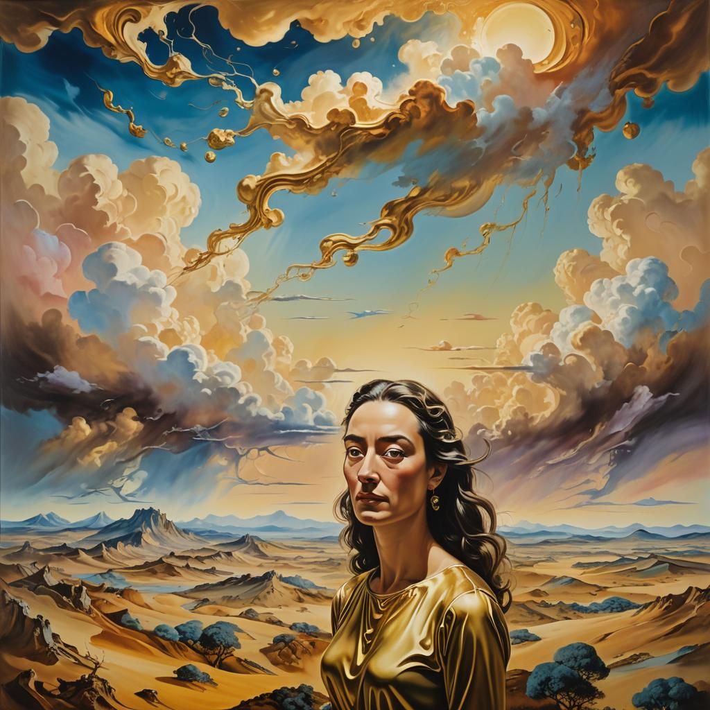 Dreamlike Woman in Surreal Golden Landscape