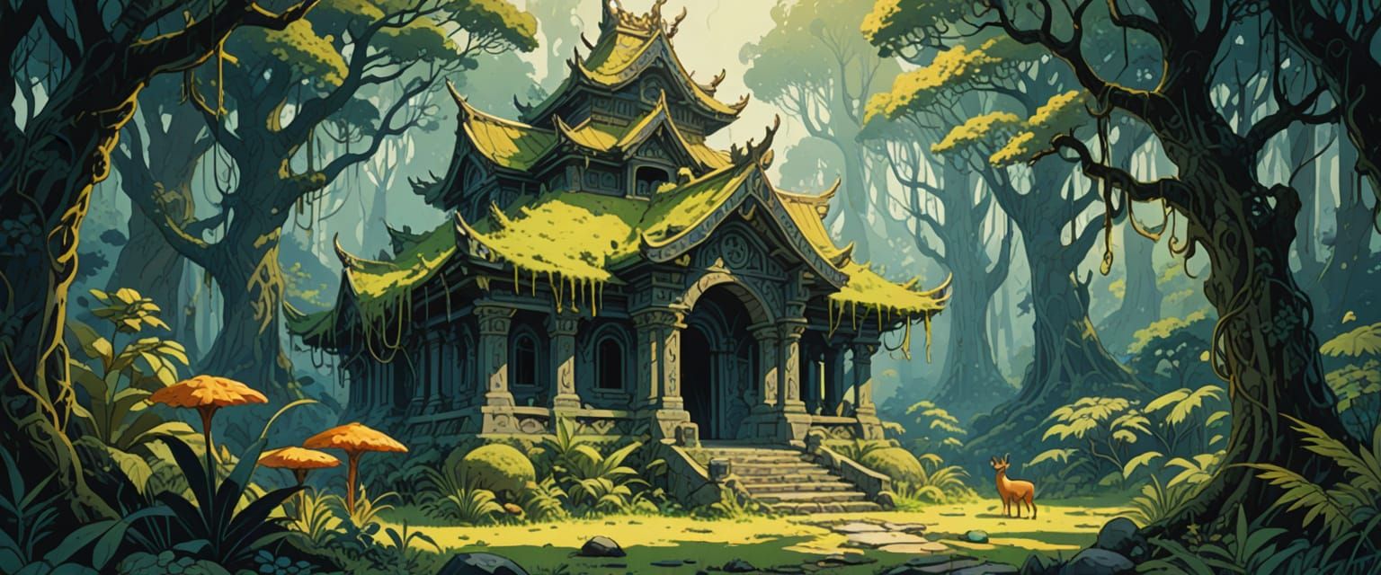 Lush Rainforest Temple with Viking Carvings