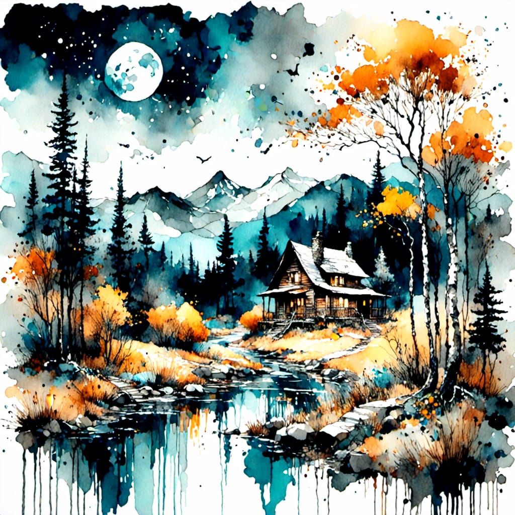 Mountain Valley Nightscape with Color Accents