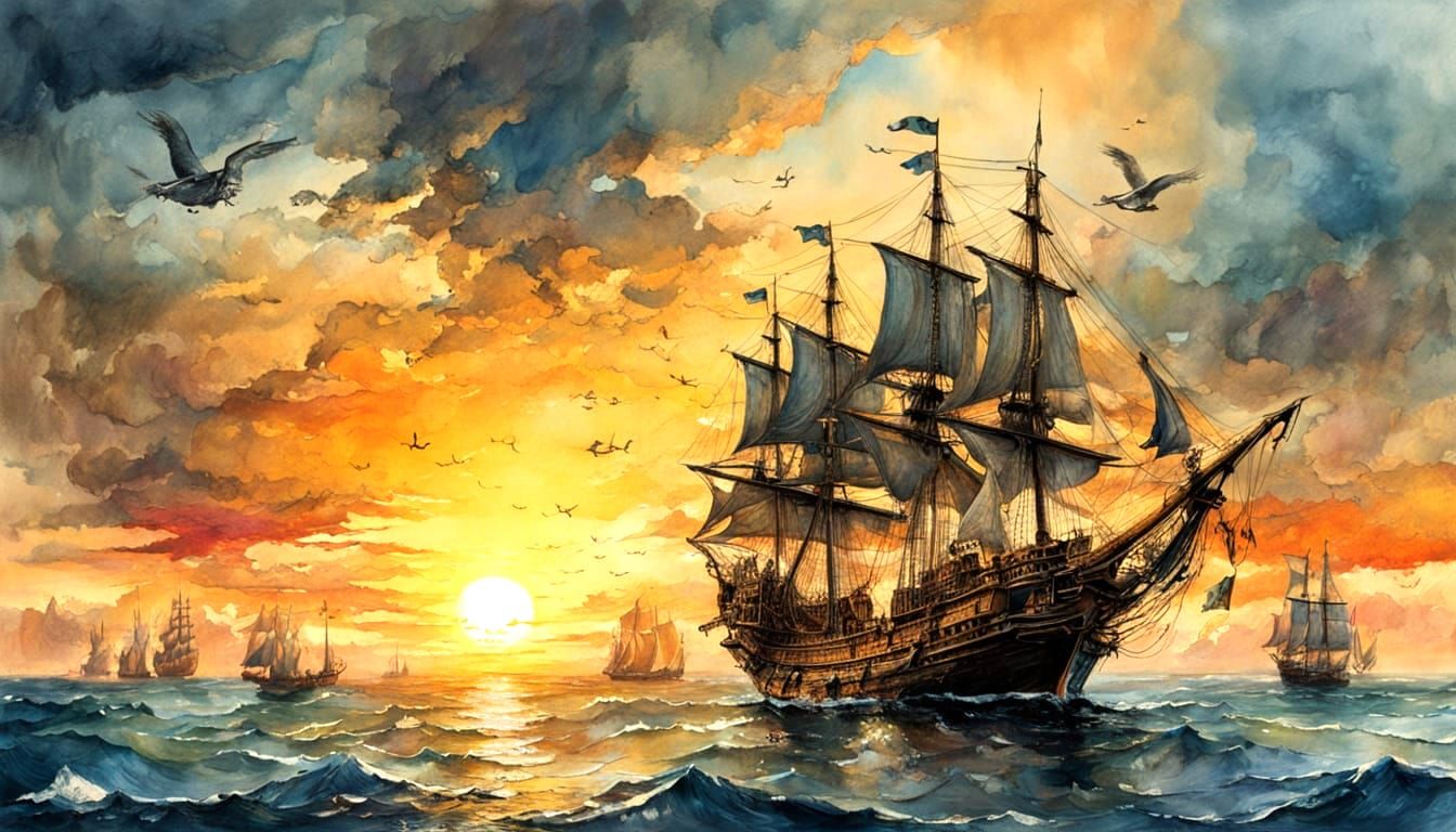 Sunset Carrack Voyage in Watercolor Style