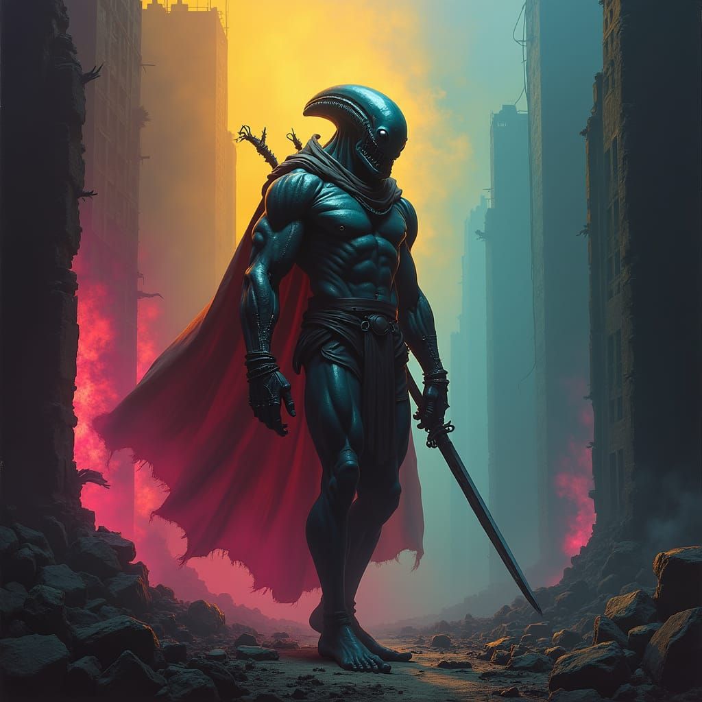 Alien Warrior in Ruined City, Renaissance Style