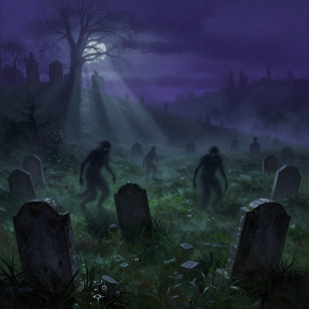 Misty Hillside Cemetery with Shadow Creatures, Twilight Pale...