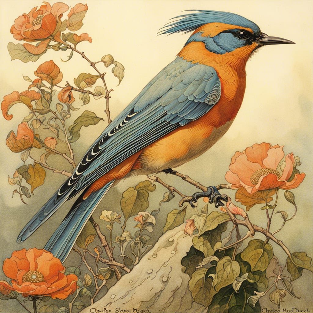 Beautiful Bird Illustration with Watercolor Accents