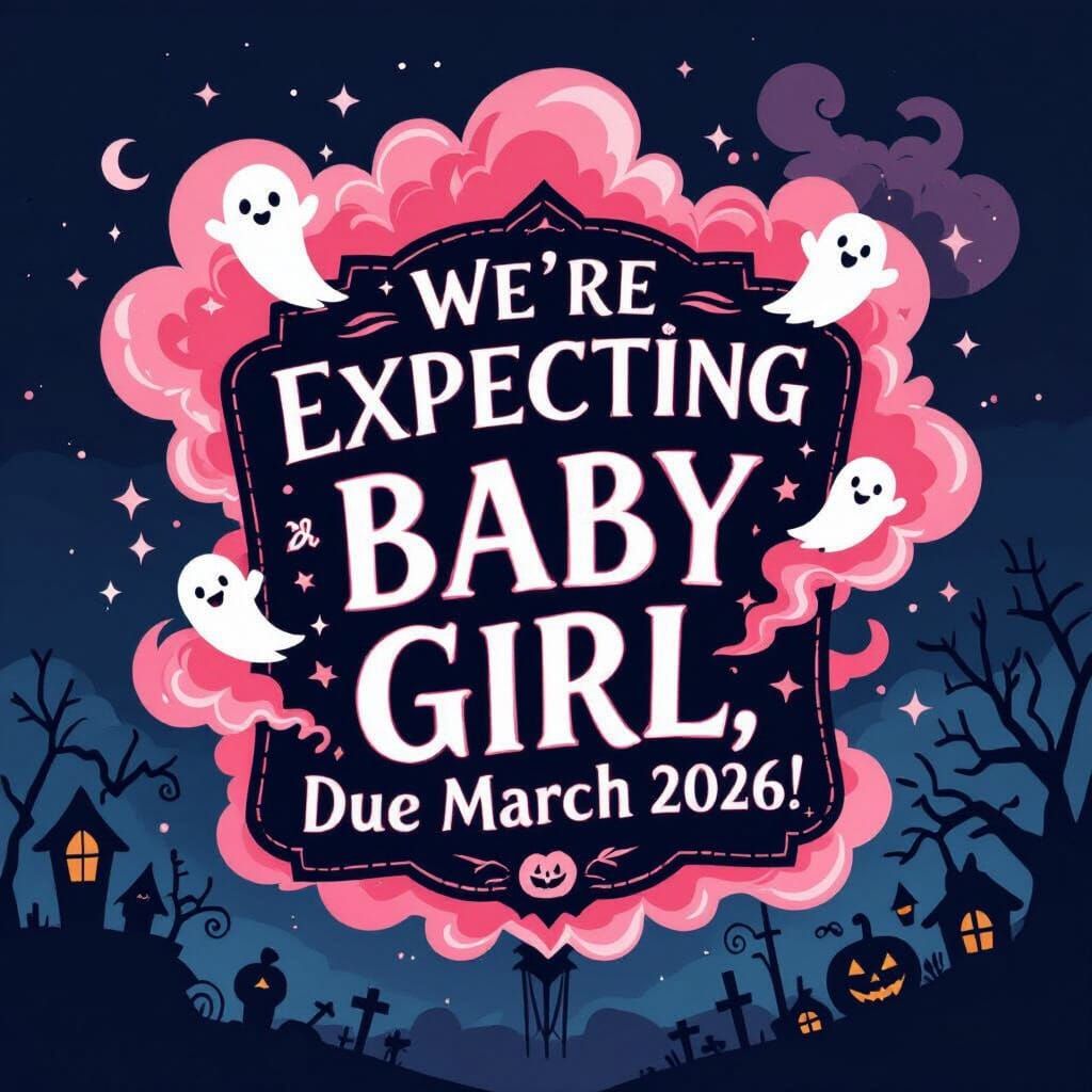 Baby Girl Halloween Announcement: Pink Smoke & Festive Motif...