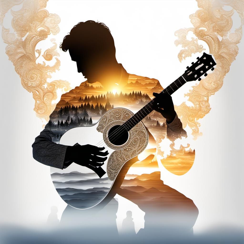 Acoustic Guitar Double Exposure in Four Seasons