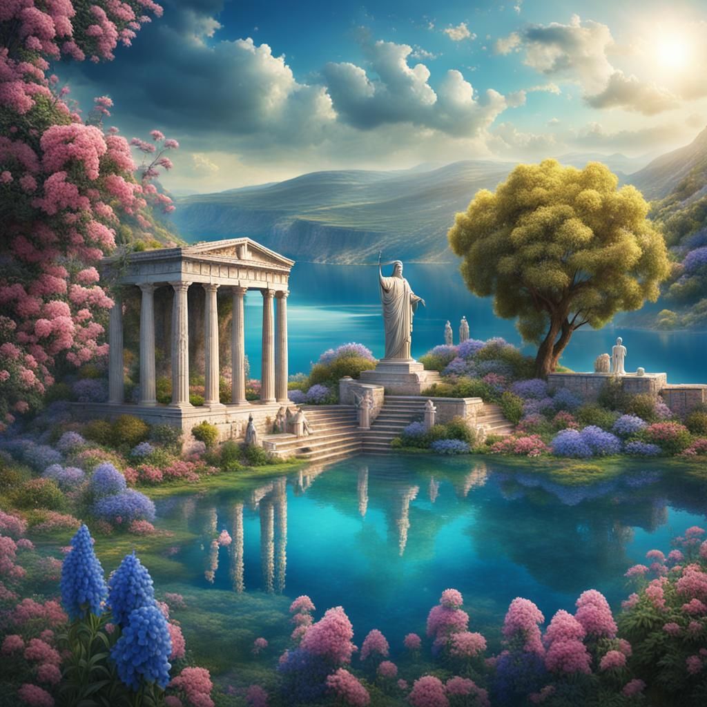 Greek Garden Lake with Statues: Digital Matte Painting
