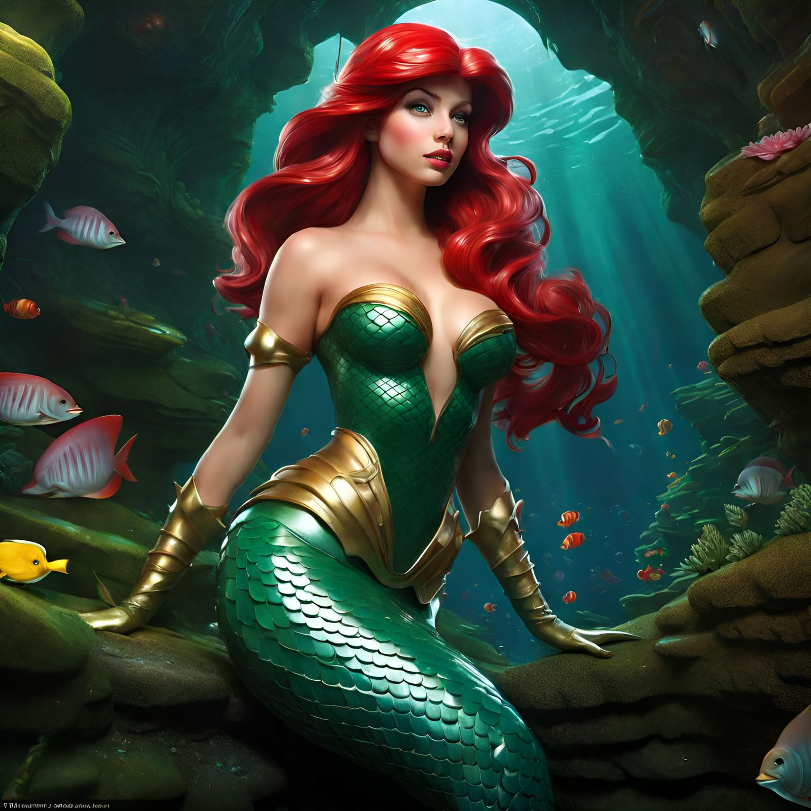 Flirty Ariel in Latex Harness, Hyperdetailed Fantasy Art