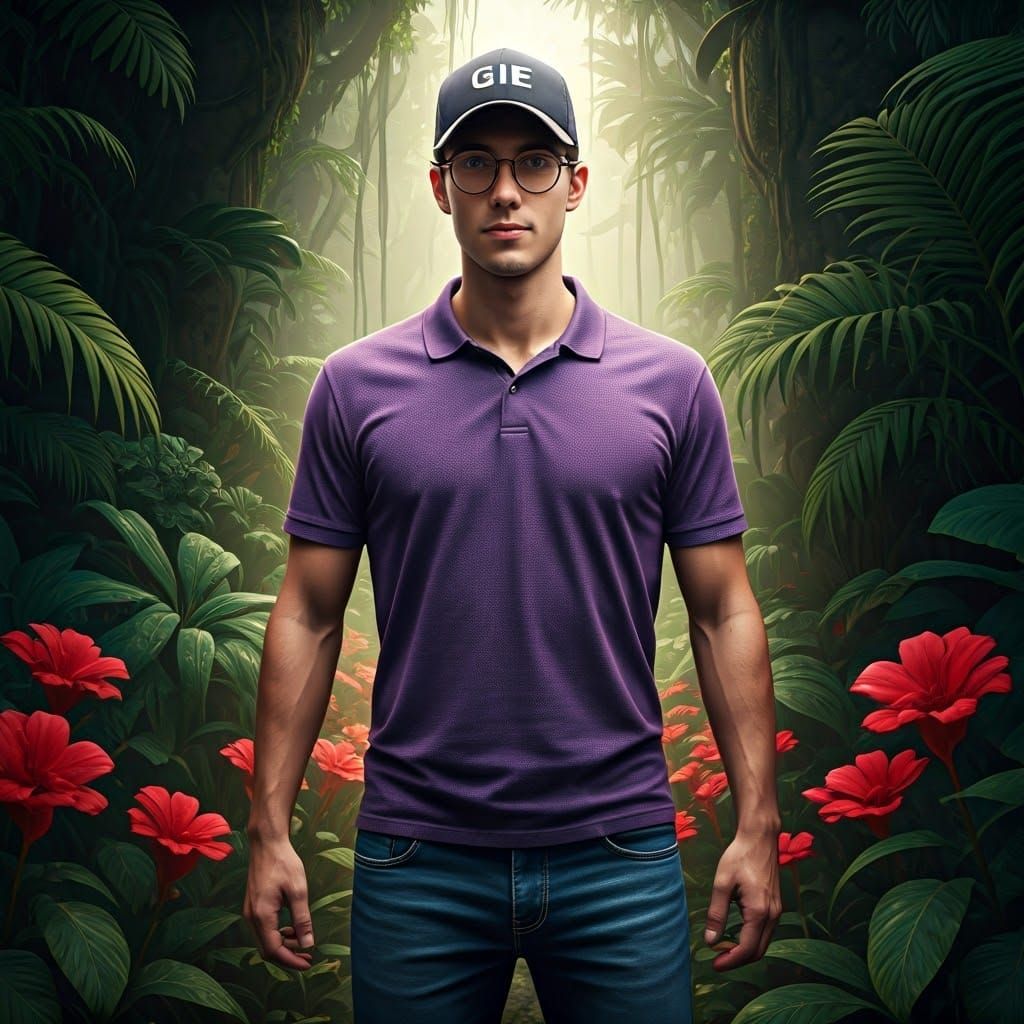 Man in Jungle with Red Flowers, Fantasy Concept Art