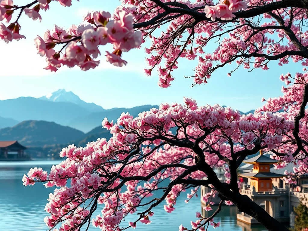 Ancient Sakura Tree by Lake with Temples