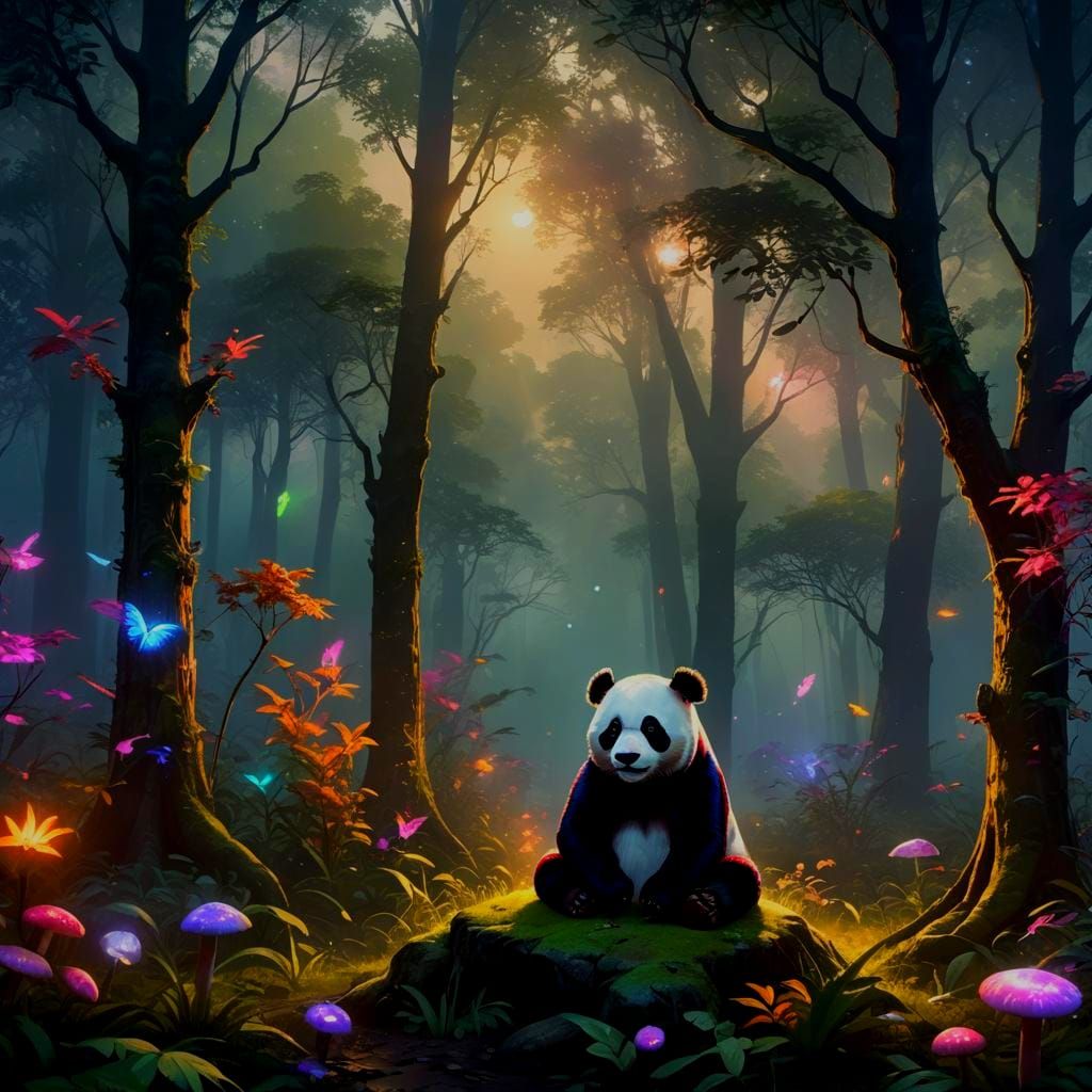 Rainbow Panda in Twilight Forest: Fantasy Concept Art