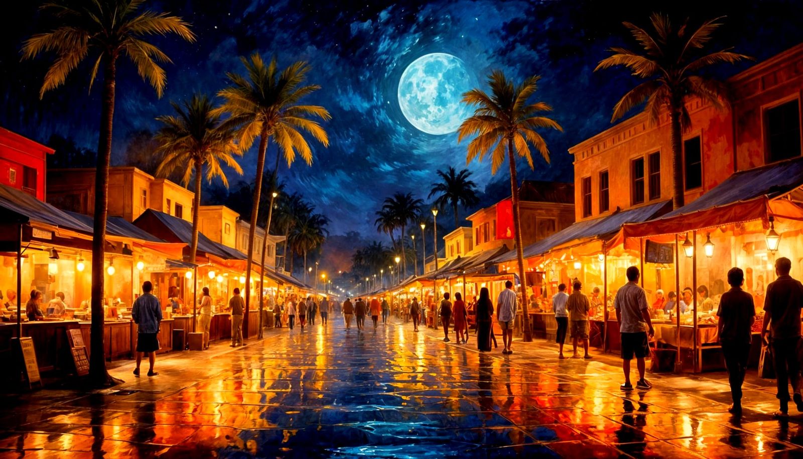 Mystical Desert Oasis Night Market Under Brilliant Full Moon