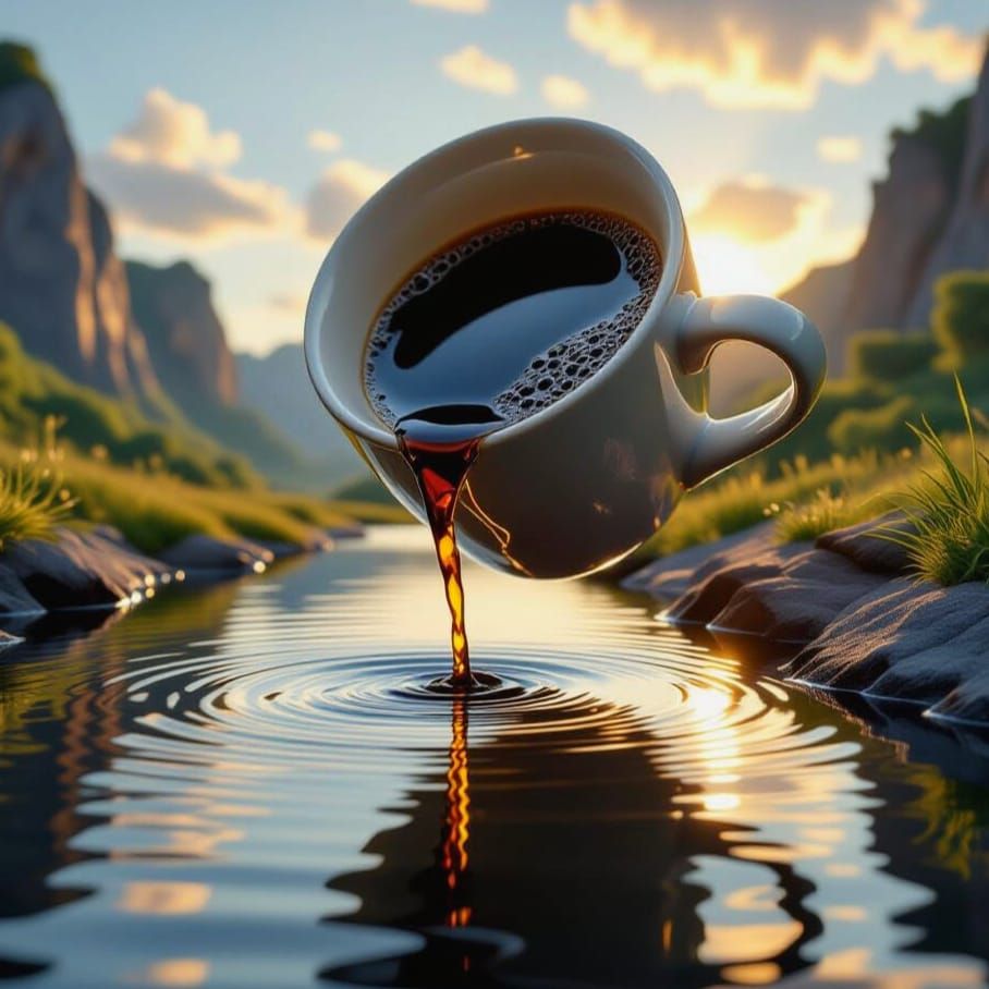 Surreal Coffee Cup Pouring Into Tranquil Lake