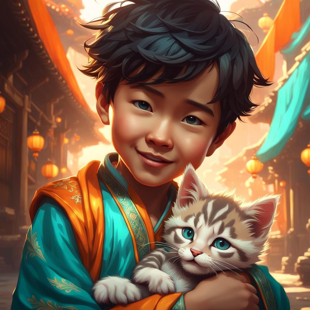 Happy Boy with Kitten: Digital Art