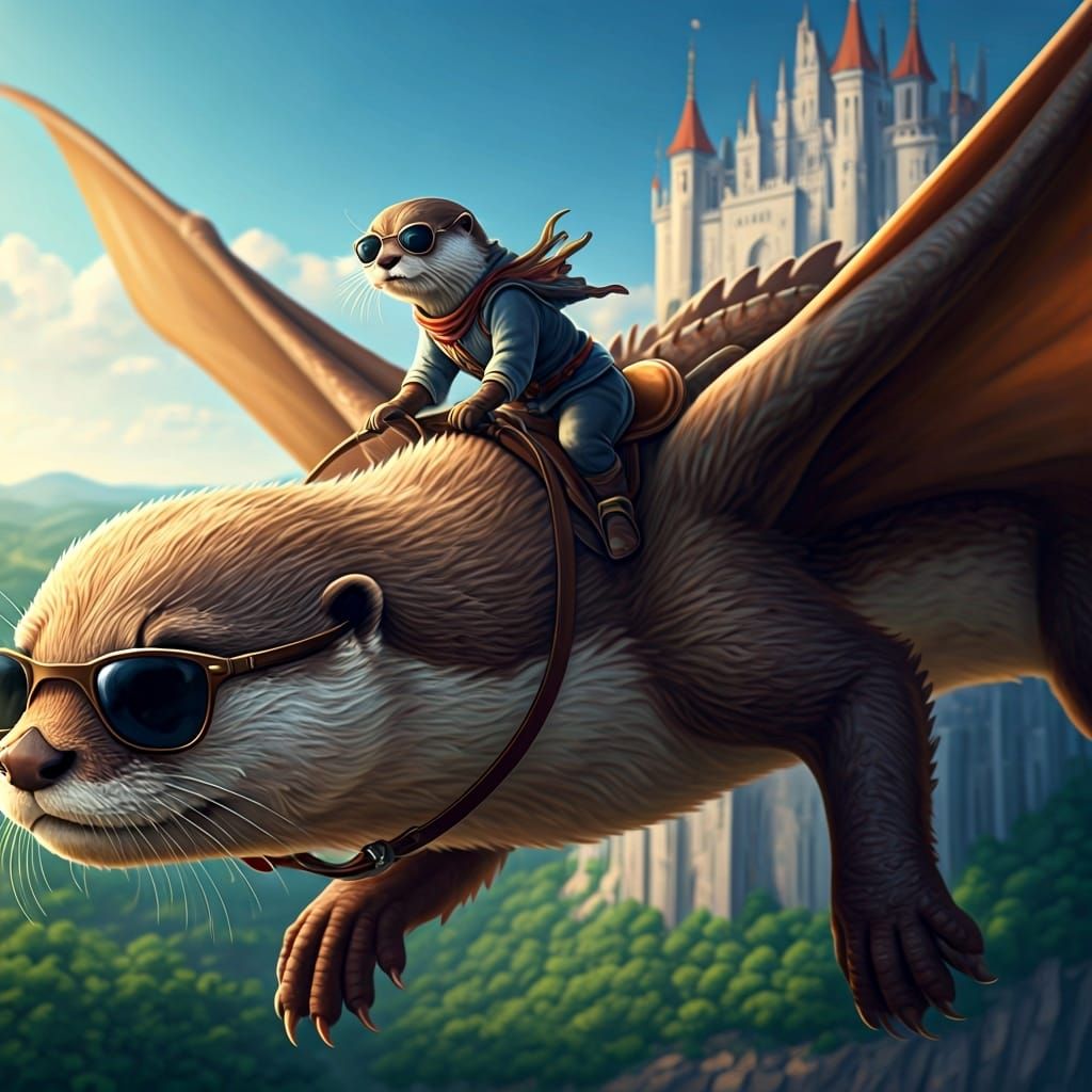 Otter-Human Riding Otter-Dragon Around Castle