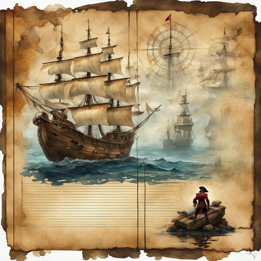 Pirate Ship on Journal Page in Watercolor Style