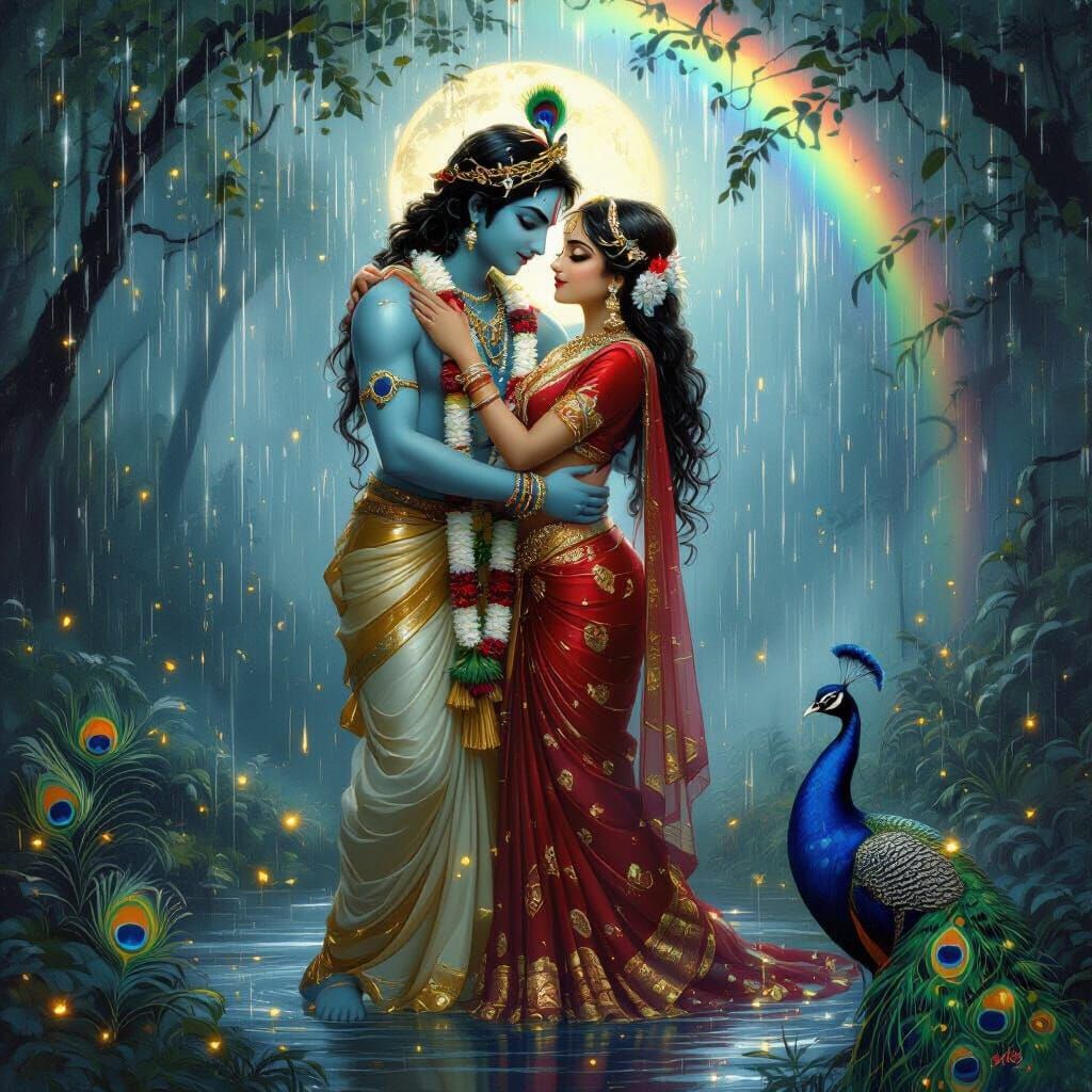 Krishna Embracing Woman Under Moonbow, in Art Nouveau Style