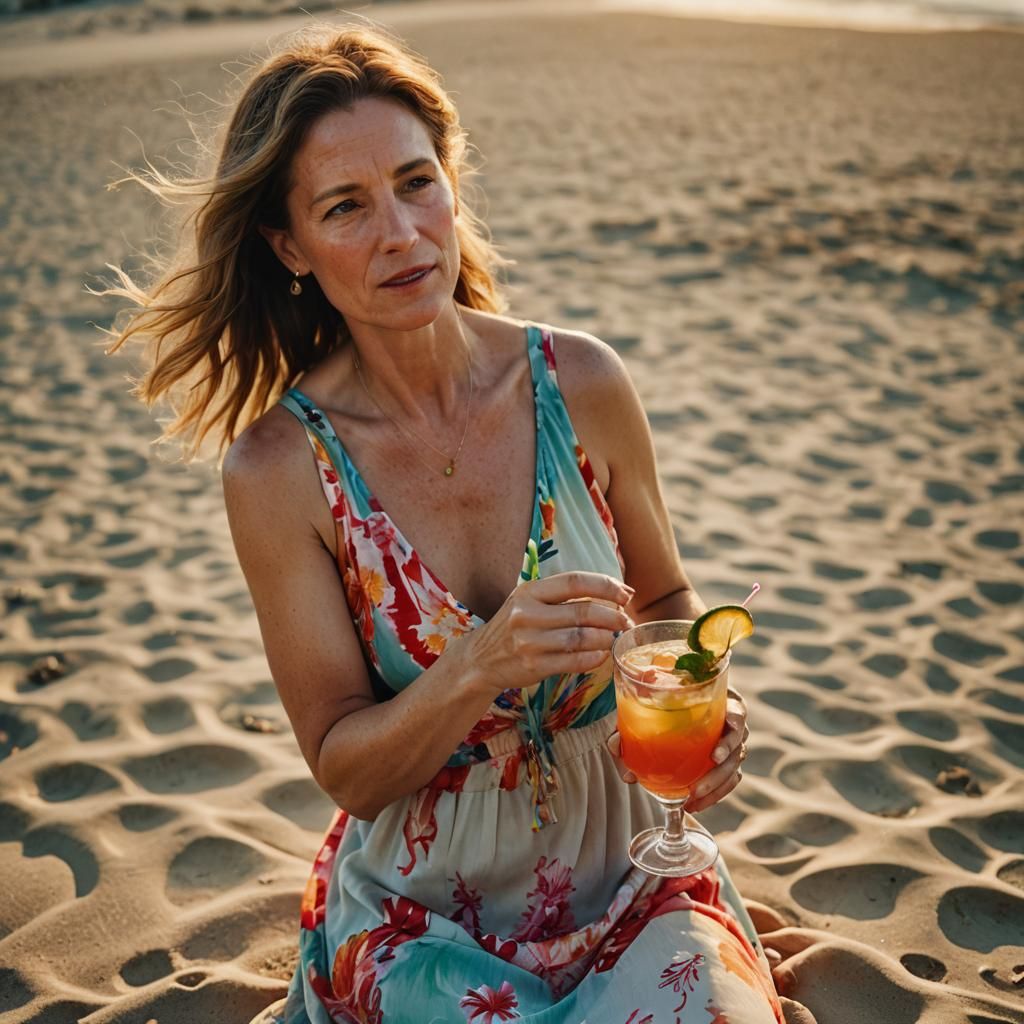 Woman Drinks Cocktail on Beach in Cinematic Style