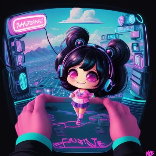Chibi Character in Synthwave Neon Retro Style