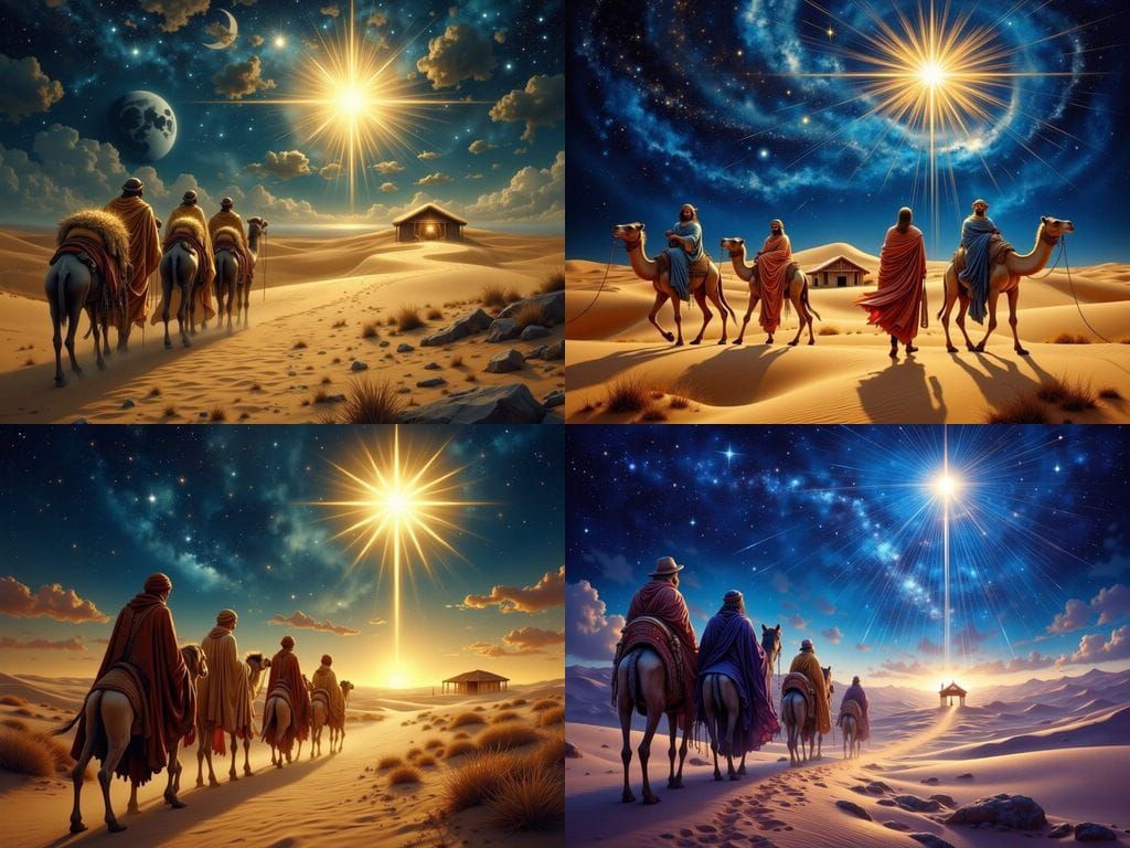 Three Wise Men Guided by Star Across Desert