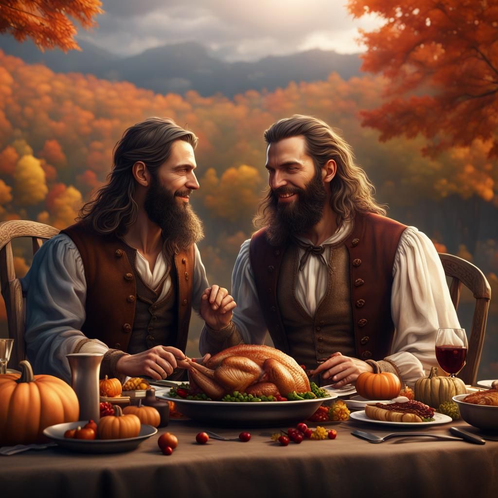 Thanksgiving Feast Shared by Two Bearded Men
