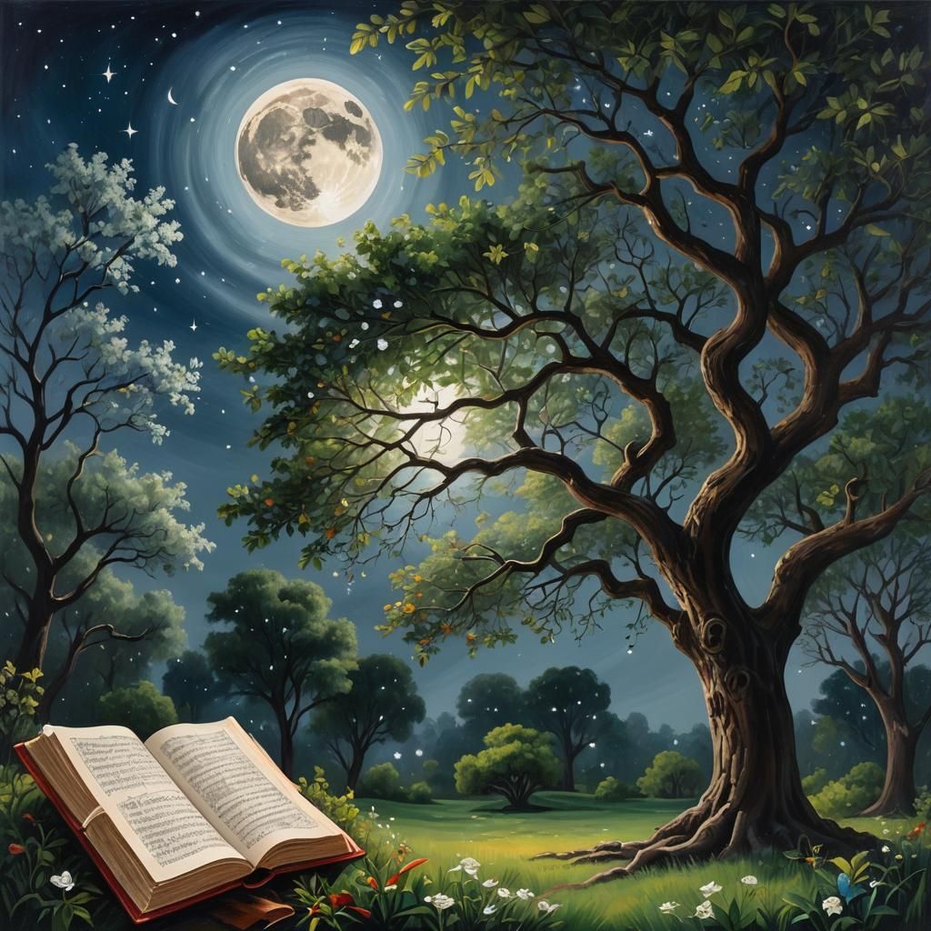 Tranquil Moonlit Night: Quran Under a Tree