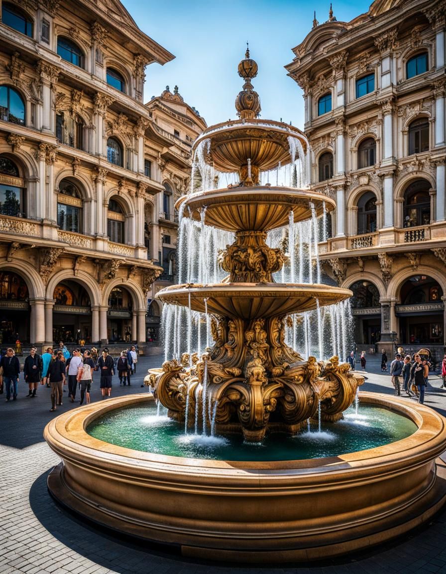 Renaissance Fountain in Crowded Square, Retrofuturism Style