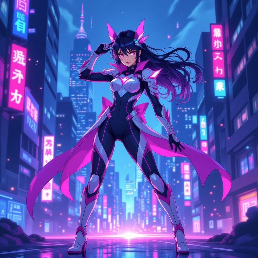 Futuristic Magical Girl in Neon Cityscape