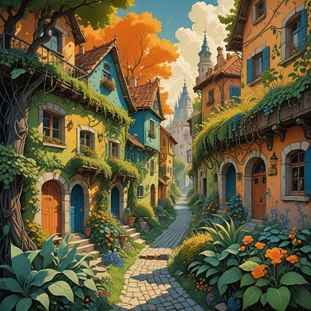 Overgrown Village at Sunset in Comic Book Style