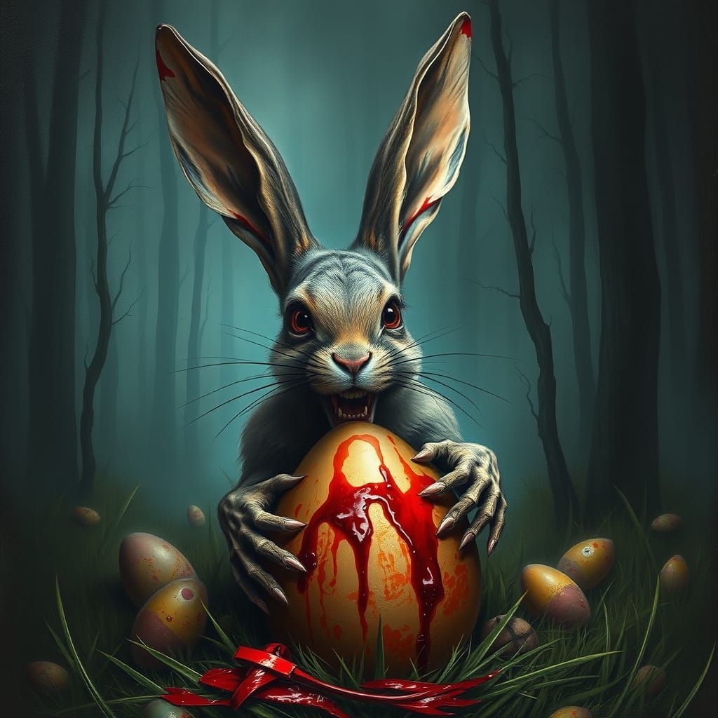 Twisted Easter Demon Rabbit in Dark, Haunting Landscape