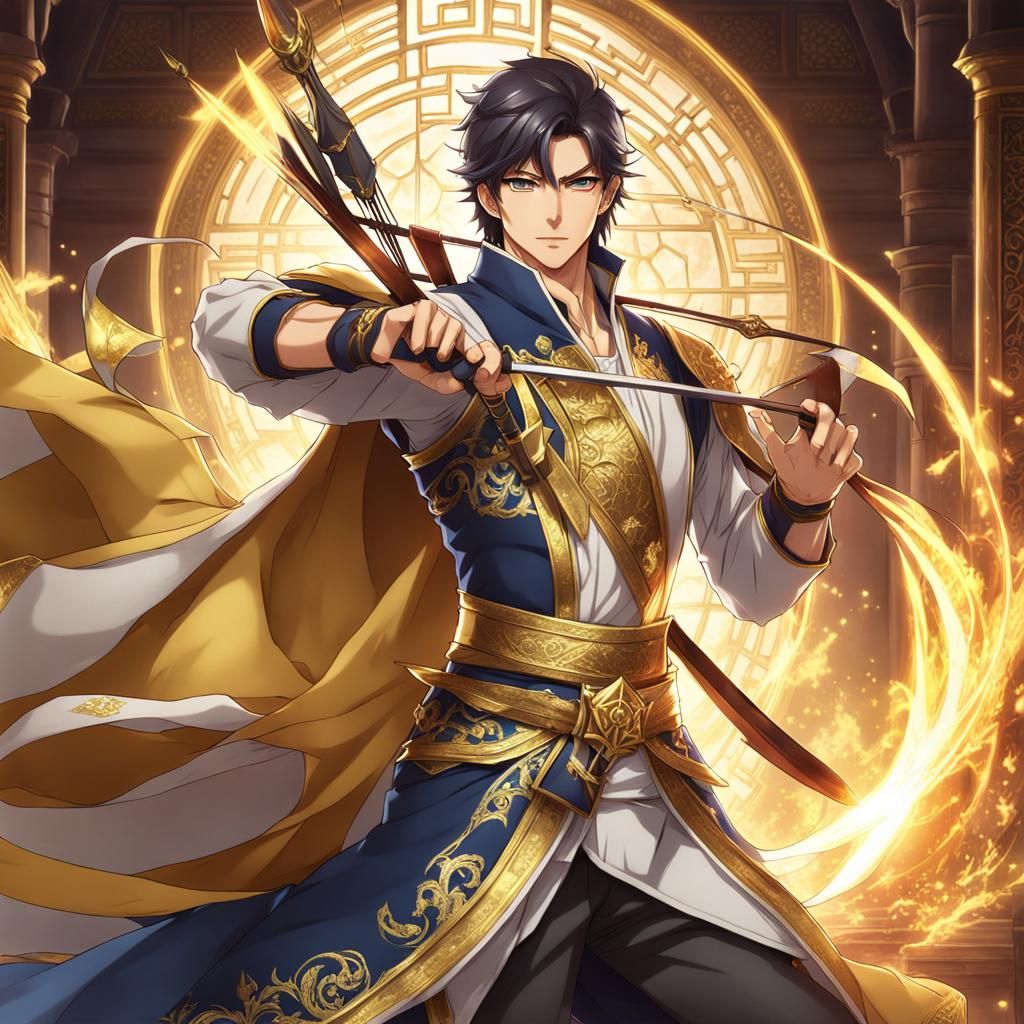 Archer with Gold Aura in Anime Style